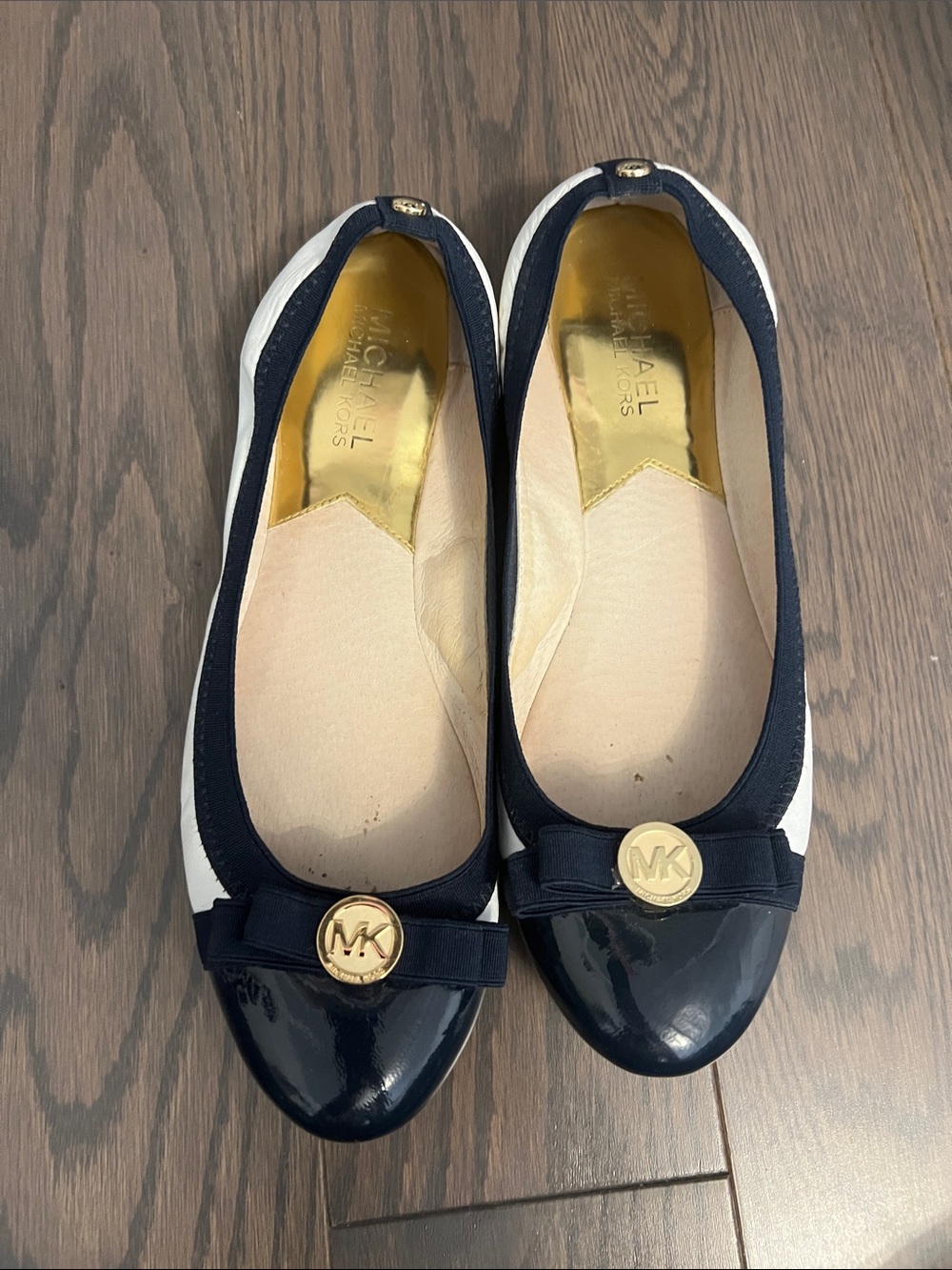 MICHAEL Michael Kors Navy and White Ballet Flats with Gold MK Emblem